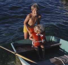 Two young boys in a rowboat
